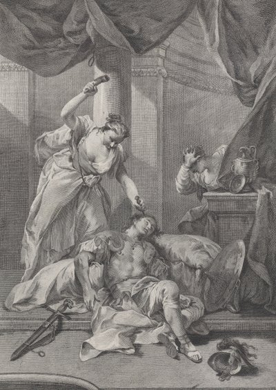 Jael wbija kołek namiotu w skroń śpiącego Sysery, po prawej stronie. 1730-39. autorstwa Pietro Monaco