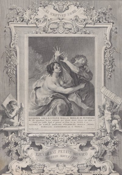 Żona Józefa i Potyfara, w ozdobnej ramie, 1739. autorstwa Pietro Monaco