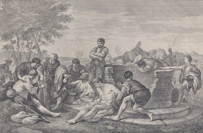 Józefa sprzedany w niewolę przez braci, którzy siedzą wokół studni dzielącej c..., 1730-39. autorstwa Pietro Monaco