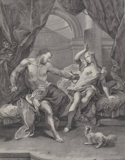 Samson i Dalila siedzą na łóżku, Samson rozrywa liny wiążące mu rękę..., ca. 1730-39. autorstwa Pietro Monaco