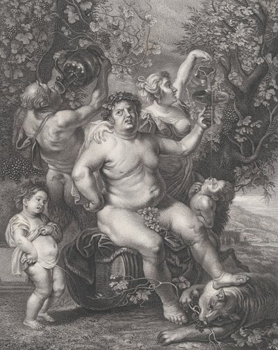 Bachus siedzący na beczce przed winoroślami, z bachantkami, satyrami i dziećmi s..., 1758. autorstwa Pietro Peiroleri