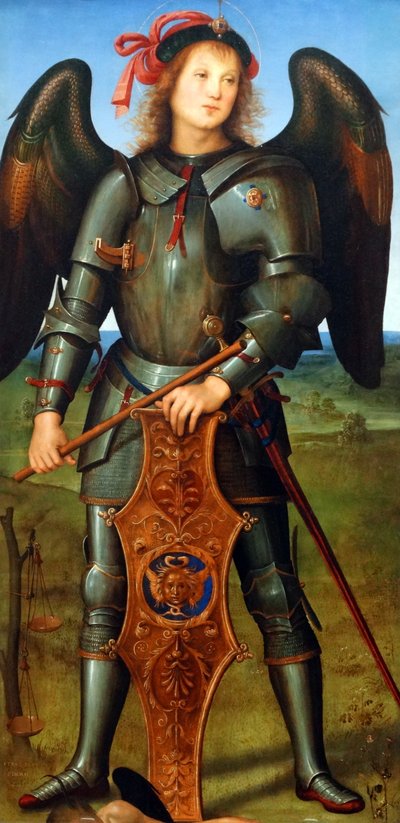 Fragment obrazu zatytułowanego "Dziewica z Dzieciątkiem z Aniołem, Archanioł Rafał z Tobiaszem i Archanioł Michał" autorstwa Pietro Perugino
