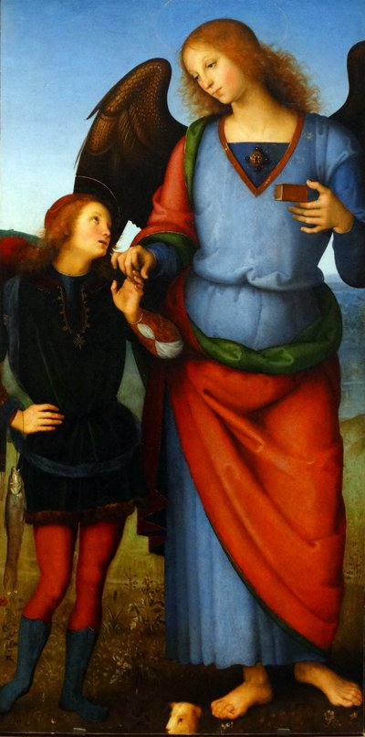 Fragment obrazu zatytułowanego "Dziewica z Dzieciątkiem z Aniołem, Archanioł Rafał z Tobiaszem i Archanioł Michał" autorstwa Pietro Perugino