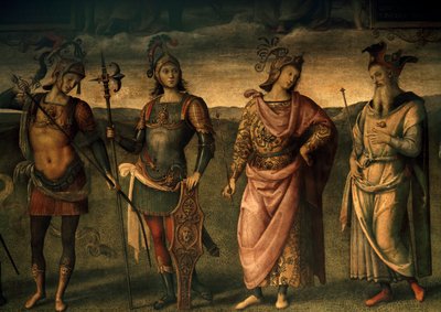 Leonidas Lacedemonian, Horatius Cocles, Publius Scipio, Perykles z Aten, Alegorie męstwa i wstrzemięźliwości z sześcioma antycznymi bohaterami autorstwa Pietro Perugino