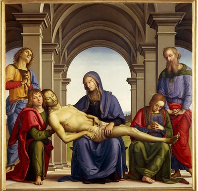 Piety są przedstawione wokół ciała Jezusa Chrystusa: św. Józefa z Arymatei, św. Nikodemy, św. Marii Magdaleny, św. Jana i Matki Boskiej. Obraz Pietro di Cristoforo Vannucci dit Le Perugin (Il Perugino autorstwa Pietro Perugino