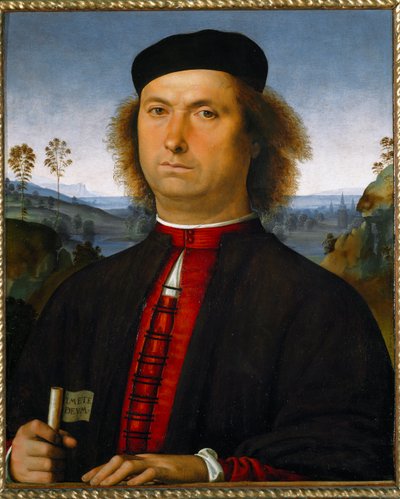 Portret Francesco delle Operere. Trzyma zwój z napisem „Timete deum” (Bój się Boga) autorstwa Pietro Perugino
