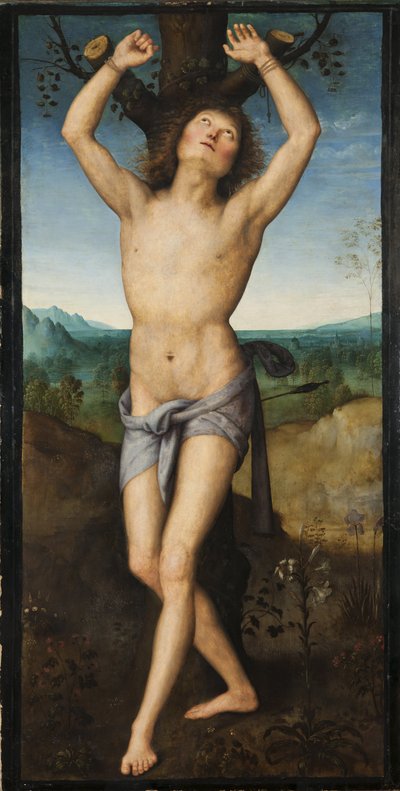Święty Sebastien - Święty Sebastian, przez Perugino (ok. 1450-1523). Olej na drewnie. Wymiar: 174x88 cm. Muzeum Narodowe w Sztokholmie autorstwa Pietro Perugino