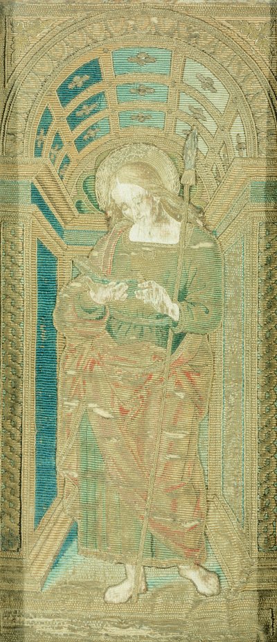 Św. Jan Ewangelista, autorstwa Pietro Perugino (ok. 1450-1523), haft na jedwabiu, złocie i srebrze autorstwa Pietro Perugino