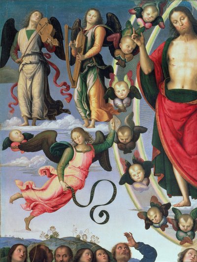 Wniebowstąpienie Chrystusa, fragment Chrystusa i aniołów muzyków, górna prawa część, 1495-98 olej na detalu panelu 89700 autorstwa Pietro Perugino