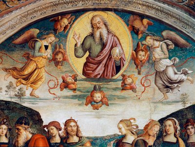 Pan otacza proroctwa i sybille Szczegół reprezentujący Pana Wszechmogącego. Fresk Pietro Vannucci dit il Perugino (Perugin) (1448-1523) 1500 wym. 229x370 cm Perugia, Collegio del Cambio autorstwa Pietro Perugino