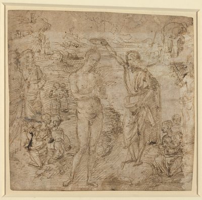 a) Chrzest Chrystusa; b) Udrapowana postać trzymająca księgę i mężczyzna dzierżący topór z figurą, ok. 1475 (pióro i brązowy tusz) autorstwa Pietro Perugino