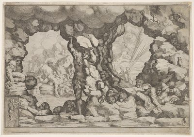 Olbrzym dźwigający głaz pośrodku, inni olbrzymy na lewo i prawo walczący i re..., ca. 1680. autorstwa Pietro Santi Bartoli
