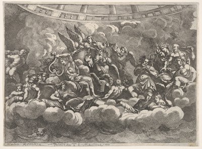 Zbiór różnych bogów olimpijskich i postaci mitologicznych wśród chmur, Apollo w ce..., ca. 1680. autorstwa Pietro Santi Bartoli