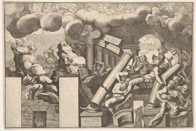 Giganci zmiażdżeni przez skały i spadające kolumny świątyni, kłęby dymu nad..., ca. 1680. autorstwa Pietro Santi Bartoli