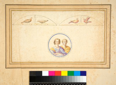 Mąż i żona (popiersia) w centralnym kole (czarna kreda, niektórzy z piórem i brązowym atramentem. pokolorowane akwarelą) autorstwa Pietro Santi Bartoli