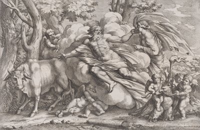 Io po lewej jak krowa, Jowisz na chmurze pośrodku i Juno po prawej z pu..., 1650-90. autorstwa Pietro Santi Bartoli