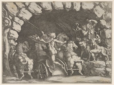 Pluton, widziany z tyłu, wjeżdżający do Podziemia na swoim rydwanie Cerberus i trzech Fu..., ca. 1680. autorstwa Pietro Santi Bartoli