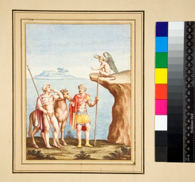 Dwie postacie i Sfinks (czarna kreda, niektóre z piórem i brązowym tuszem. pokolorowane akwarelą) autorstwa Pietro Santi Bartoli