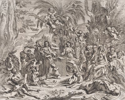 Alegoria malarstwa, które jako dziecko w centrum lewej kreśli na tablicy, otacza..., 1637-38. autorstwa Pietro Testa