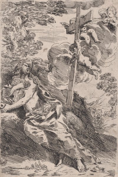 Maria Magdalena na pustyni, po prawej krzyż niesiony przez anioły, ok. godz. 1630. autorstwa Pietro Testa
