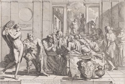 Sympozjum Platona: Sokrates i jego towarzysze zasiadający przy stole dyskutujący o idealnej miłości..., 1648. autorstwa Pietro Testa