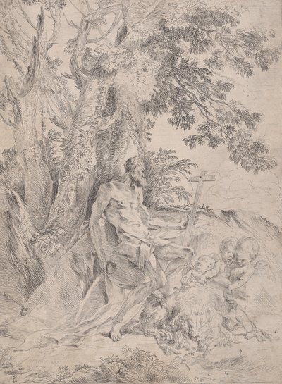 Święty Hieronim przed krucyfiksem w towarzystwie lwa i trzech puttów, ca. 1631-37. autorstwa Pietro Testa
