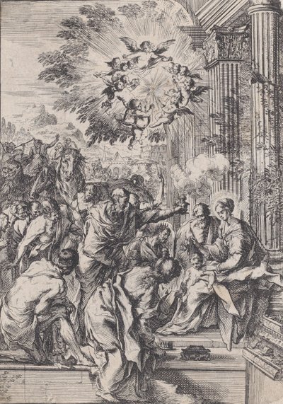 Adoracja Trzech Króli, ustawiona przed i architektoniczna kolumnada, ca. 1640. autorstwa Pietro Testa