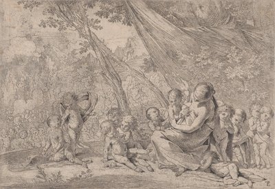 Ogród Miłosierdzia, kobieta reprezentująca Miłosierdzie z prawej strony otoczona dziećmi, ..., ok. godz. 1631-37. autorstwa Pietro Testa