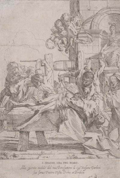 Męczeństwo św. Erazma, który leży na ziemi z usuniętymi wnętrznościami, dwiema puttami a..., ca. 1630. autorstwa Pietro Testa