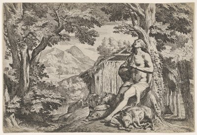 Syn marnotrawny siedzący u podstawy drzewa wśród świń, wzrok skierowany w górę..., ok. godz. 1640-50. autorstwa Pietro Testa
