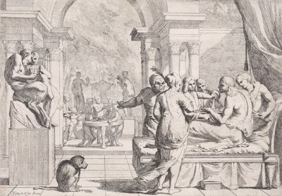 Syn marnotrawny siedzący na kanapie przy winie, biesiadnicy w tle, mo..., ca. 1645. autorstwa Pietro Testa