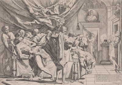 Samobójstwo filozofa Katona, który leży na łóżku wyciągając wnętrzności obserwowany b..., 1648. autorstwa Pietro Testa
