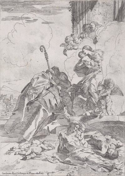 Trzej święci Lucchese św. Mikołaj Tolentino, Mikołaj z Bari wstawiający się u..., ca. 1630-31. autorstwa Pietro Testa