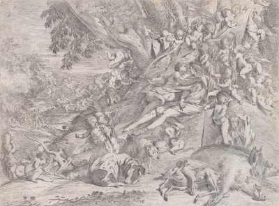 Wenus i Adonis, otoczeni licznymi puttami, wylegujący się po polowaniu, z martwym dzikiem…, 1631-37. autorstwa Pietro Testa