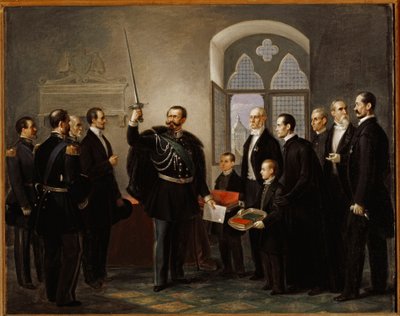 Vittorio Emanuele II Sabaudzki w Pistoi wymachuje mieczem kondotiera gibelina Castracaniego autorstwa Pietro Ulivi