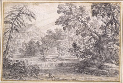 Zalesiony krajobraz rzeki, ok. 1650 (czarna kreda, pędzel i szary tusz z szarym washem na papierze) autorstwa Pietro da Cortona