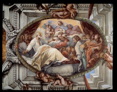 Odnalezienie św. Filipa po objawieniu dziewicy Fresk ze świty autorstwa Pietro da Cortony (Piotra z Cortony) (1596-1669) 1652 Rzym, sala czerwona Kościół Santa Maria in Vallicella Włochy autorstwa Pietro da Cortona