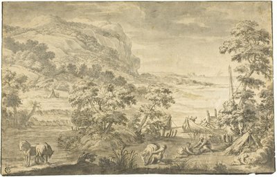 Włoska scena przybrzeżna z rybakami, obozowisko (recto); Ujście rzeki (verso) autorstwa Pietro da Cortona