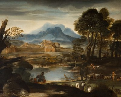 Krajobraz z jeziorem i ufortyfikowanym miastem, 1635. autorstwa Pietro da Cortona