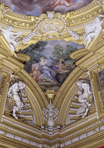 Sala di Apollo Sala Apollo detal pendentywny przedstawiający muzy Urania i Euterpe, fresk z ok. 1647 r. autorstwa Pietro da Cortona
