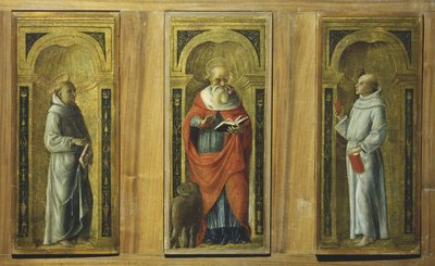 Trzy panele - św. Franciszek, św. Hieronim i św. Antoni z Padwy, ok. 1480 (tempera na panelu) autorstwa Pietro di Francesco degli (circle of) Orioli
