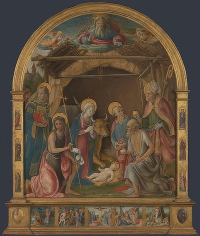 Szopka ze świętymi. Prawdopodobnie około 1485-95 r. autorstwa Pietro di Francesco degli Orioli