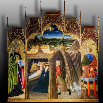Adoracja pasterzy między świętymi Galganem i Augustynem, pierwsza połowa XV wieku (tempera na panelu) autorstwa Pietro di Giovanni da Ambrogio