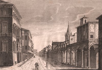 Widok Strada Maggiore w Bolonii, Emilia-Romania, Włochy, miedzioryt C Lambertiniego według rysunku Pio Panfili (1723-1812), ok. 13,5x19 cm autorstwa Pio Panfili