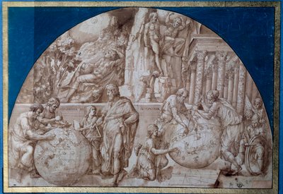 Alegoria astronomii. Naukowcy dokonują pomiarów na kulach ziemskich. Rysunek brązowym tuszem autorstwa Pirro Ligorio (około 1500-1583) XVI-wieczny Paryż, Luwr autorstwa Pirro Ligorio