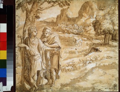 „Pasterz i pielgrzym w krajobrazie” (Pasterz i pielgrzym w krajobrazie) Akwarela i atrament Pirro Ligorio (1510-1583) Około 1550 r. Muzeum Puszkina, Moskwa autorstwa Pirro Ligorio