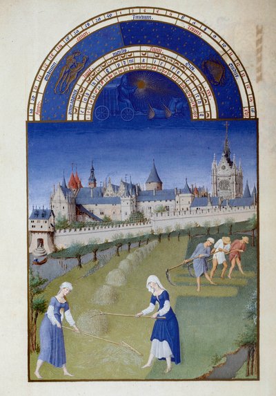 Czerwiec: siano. Z tyłu pałac Flamandzkiej Miniaturowej Kaplicy Świętej Pol de Limburg (XV w.) z rękopisu „Bardzo bogate godziny księcia Berry” autorstwa Pol de Limbourg