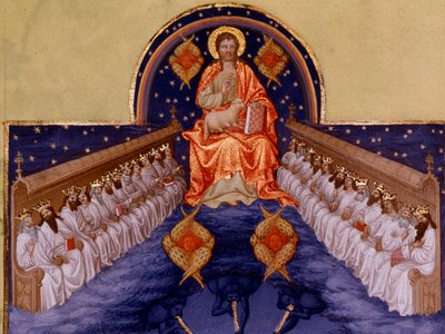Św. Jana Patmos. „Miniatura w „Bardzo bogatych godzinach księcia Berry” Pol De Limburg (XV wiek). Chantilly, Musee Conde autorstwa Pol de Limbourg