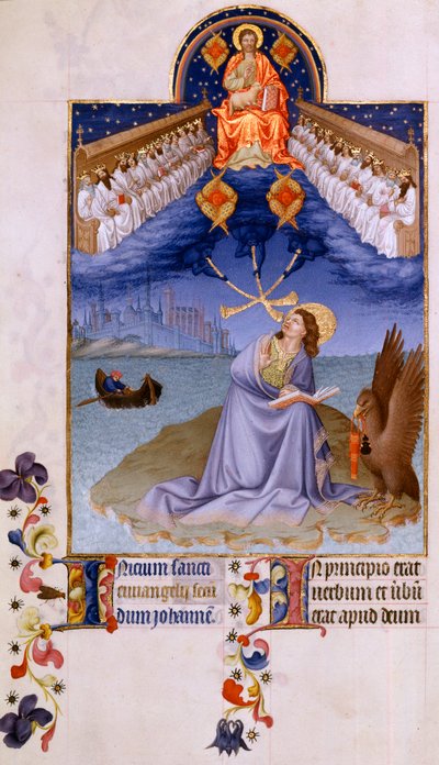 Św. Jana Patmos. „Miniatura w „Bardzo bogatych godzinach księcia Berry” Pol De Limburg (XV w.). Chantilly, Musee Conde autorstwa Pol de Limbourg
