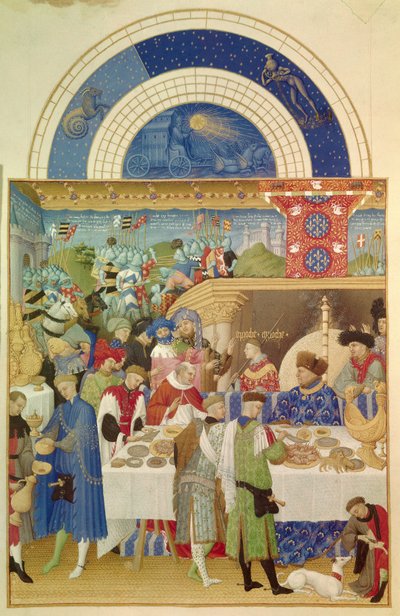 Książę Berry ma tabelę i miesiąc styczeń. Miniatura flamandzka Pol De Limburg (XV w.) z rękopisu „Bardzo bogate godziny księcia jagód” autorstwa Pol de Limbourg